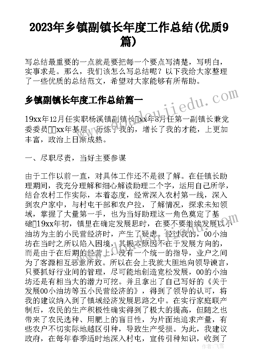 2023年乡镇副镇长年度工作总结(优质9篇)