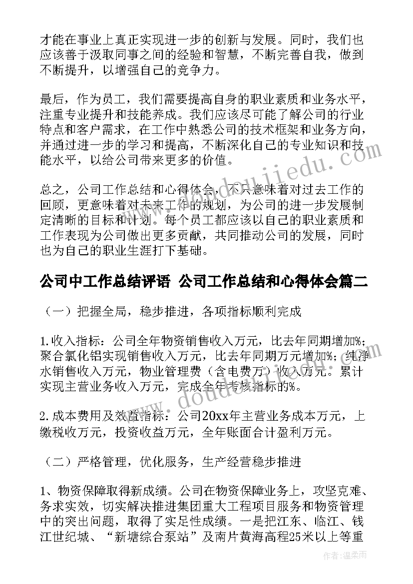 2023年公司中工作总结评语 公司工作总结和心得体会(实用5篇)