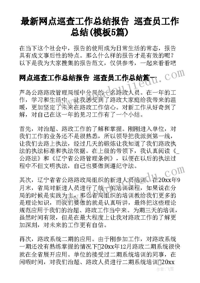 最新网点巡查工作总结报告 巡查员工作总结(模板5篇)