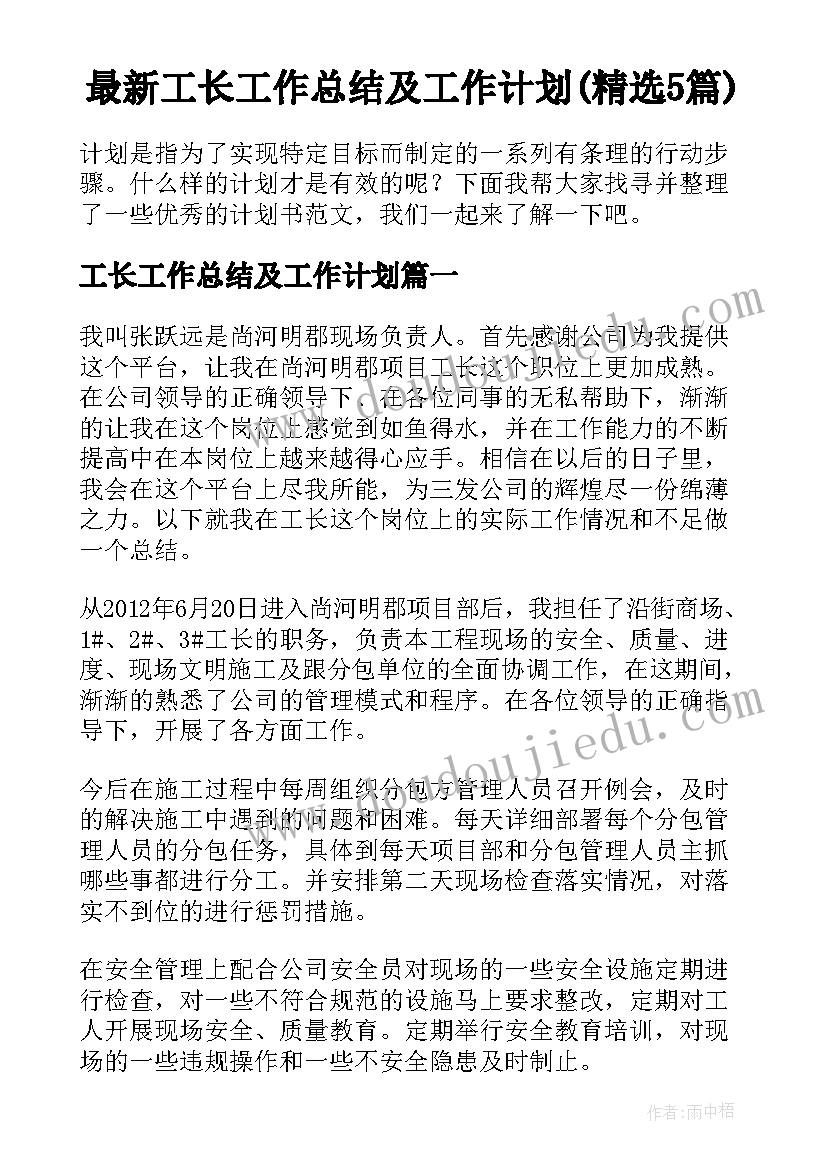 最新工长工作总结及工作计划(精选5篇)