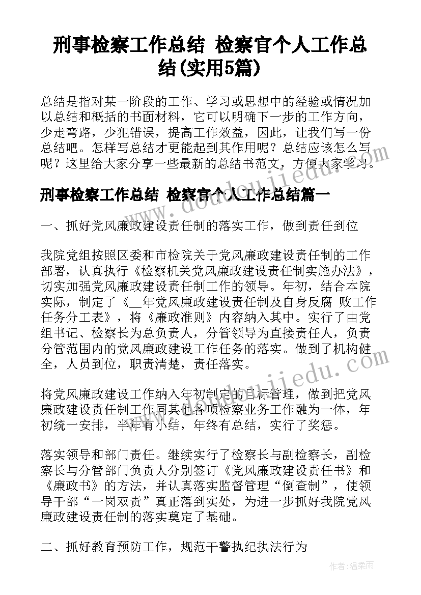 刑事检察工作总结 检察官个人工作总结(实用5篇)