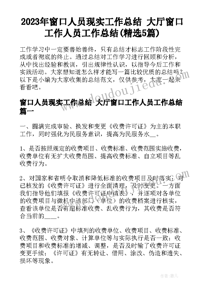 2023年窗口人员现实工作总结 大厅窗口工作人员工作总结(精选5篇)