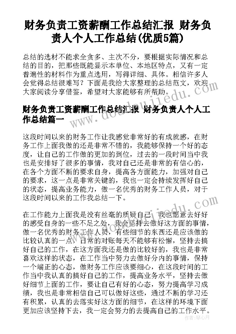 财务负责工资薪酬工作总结汇报 财务负责人个人工作总结(优质5篇)