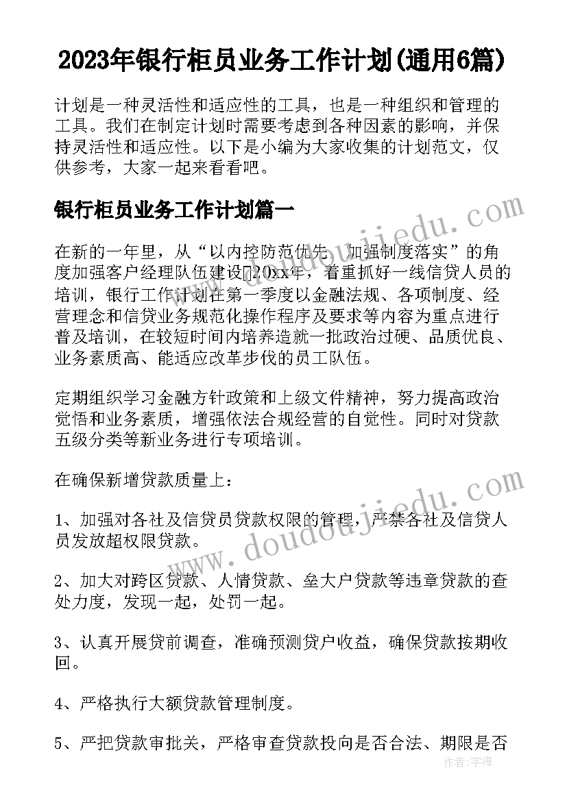 2023年银行柜员业务工作计划(通用6篇)