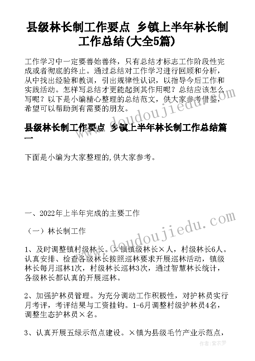 县级林长制工作要点 乡镇上半年林长制工作总结(大全5篇)