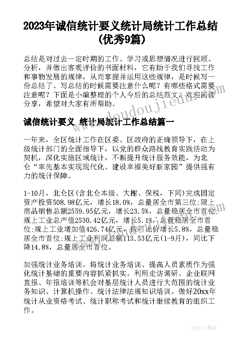 2023年诚信统计要义 统计局统计工作总结(优秀9篇)