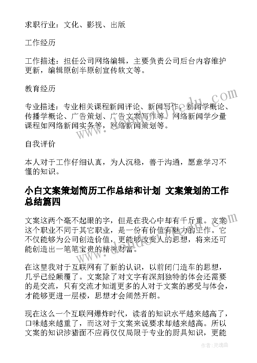 2023年小白文案策划简历工作总结和计划 文案策划的工作总结(大全7篇)