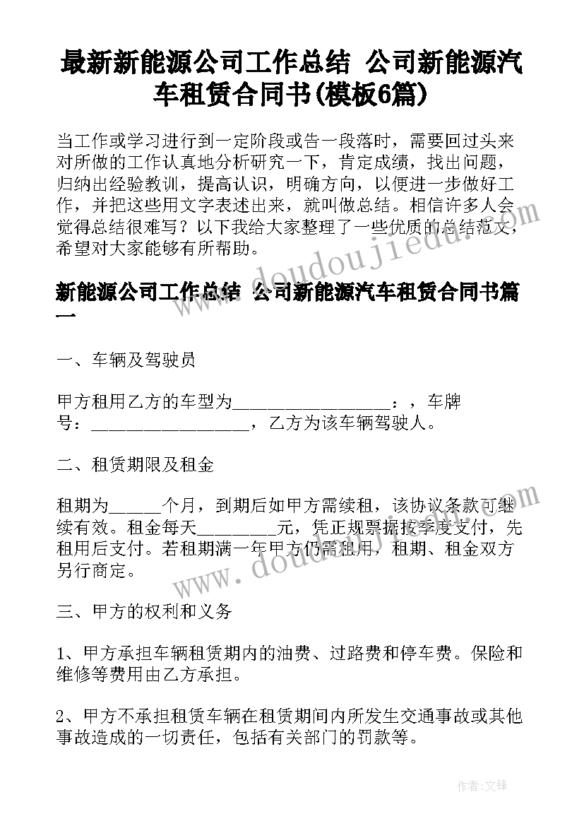 最新新能源公司工作总结 公司新能源汽车租赁合同书(模板6篇)