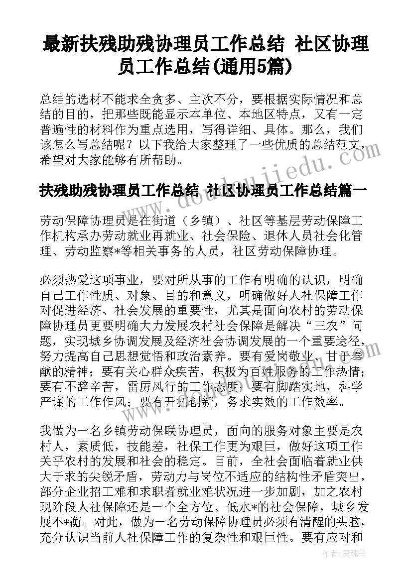 最新扶残助残协理员工作总结 社区协理员工作总结(通用5篇)