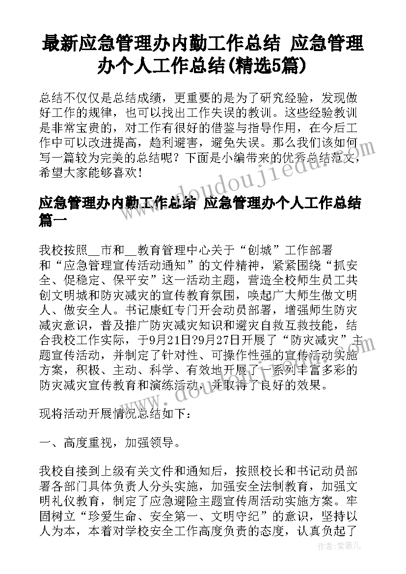 最新应急管理办内勤工作总结 应急管理办个人工作总结(精选5篇)