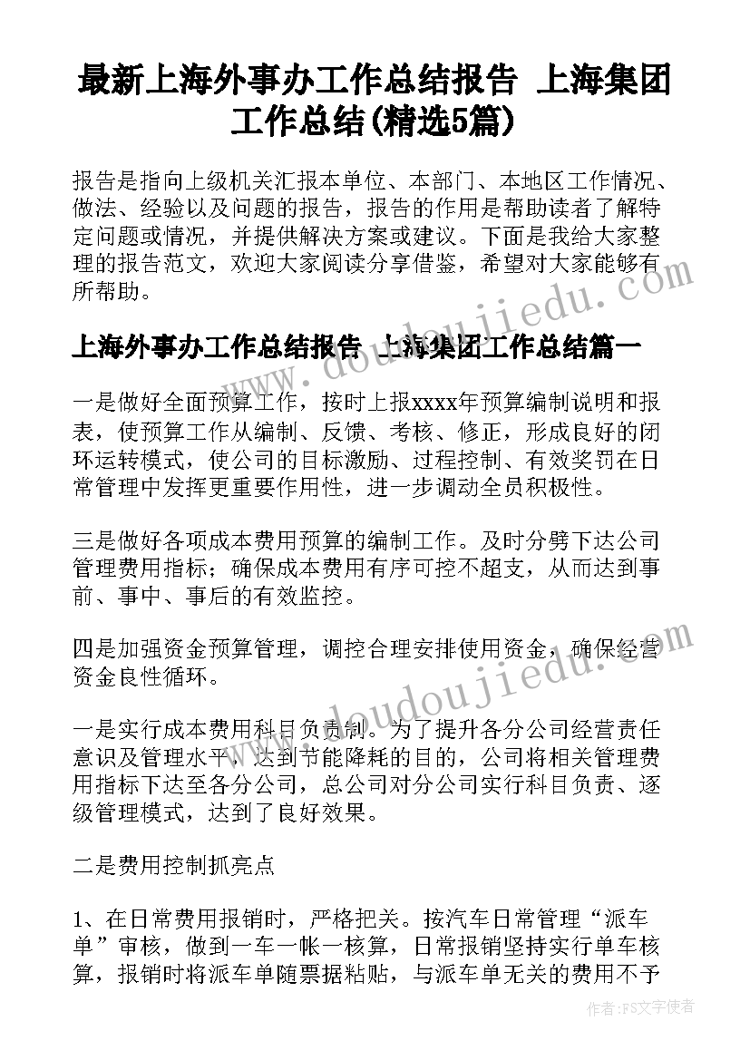 最新上海外事办工作总结报告 上海集团工作总结(精选5篇)