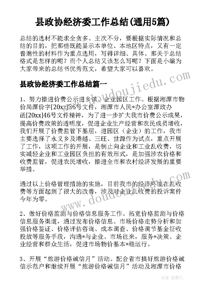 县政协经济委工作总结(通用5篇)
