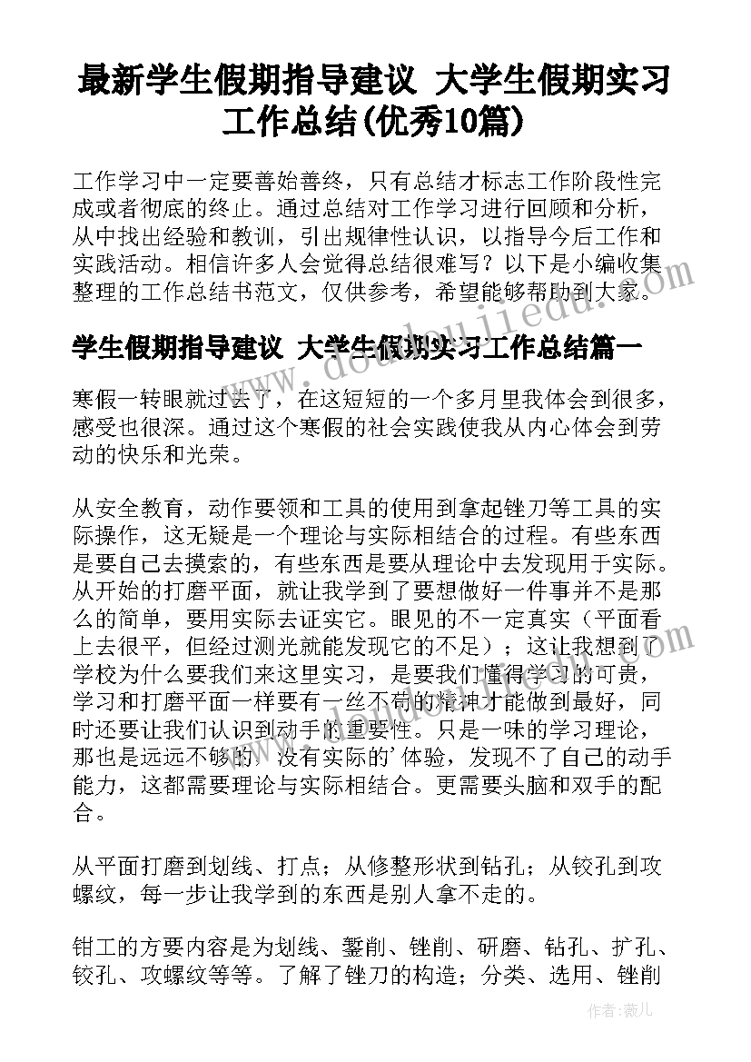 最新学生假期指导建议 大学生假期实习工作总结(优秀10篇)