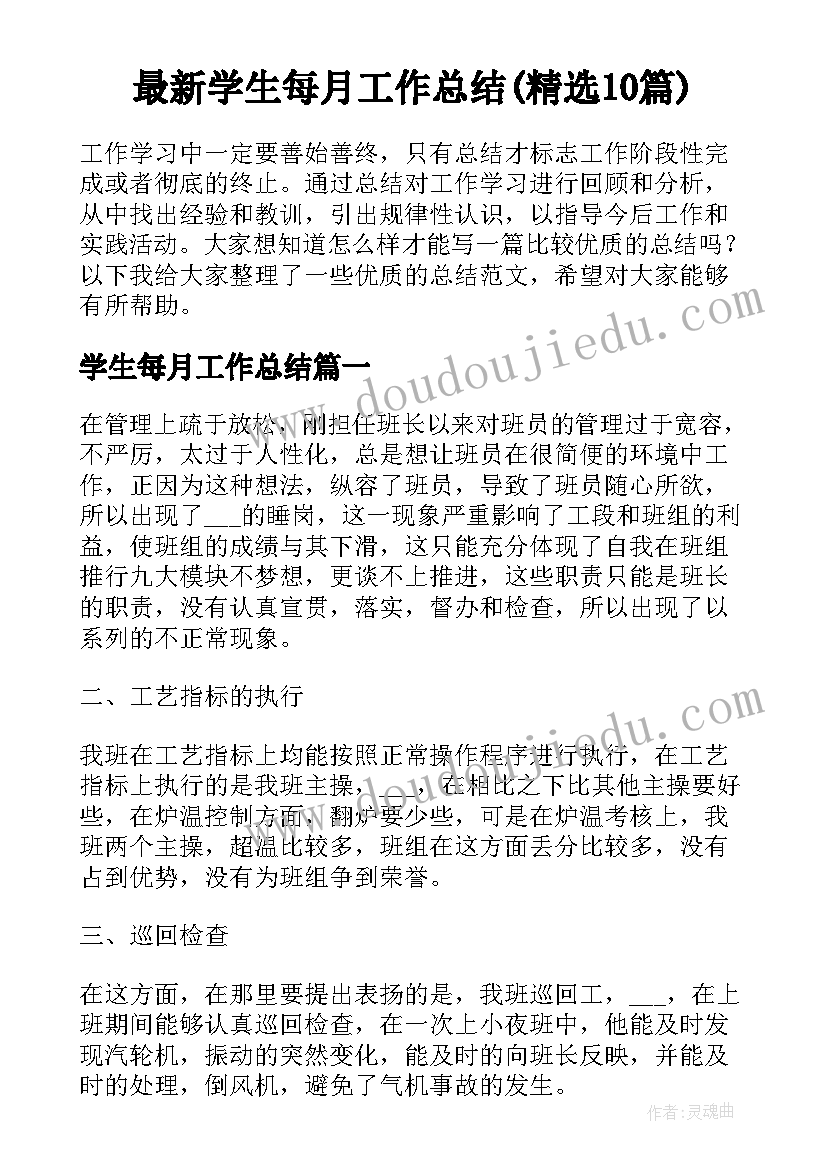 最新学生每月工作总结(精选10篇)