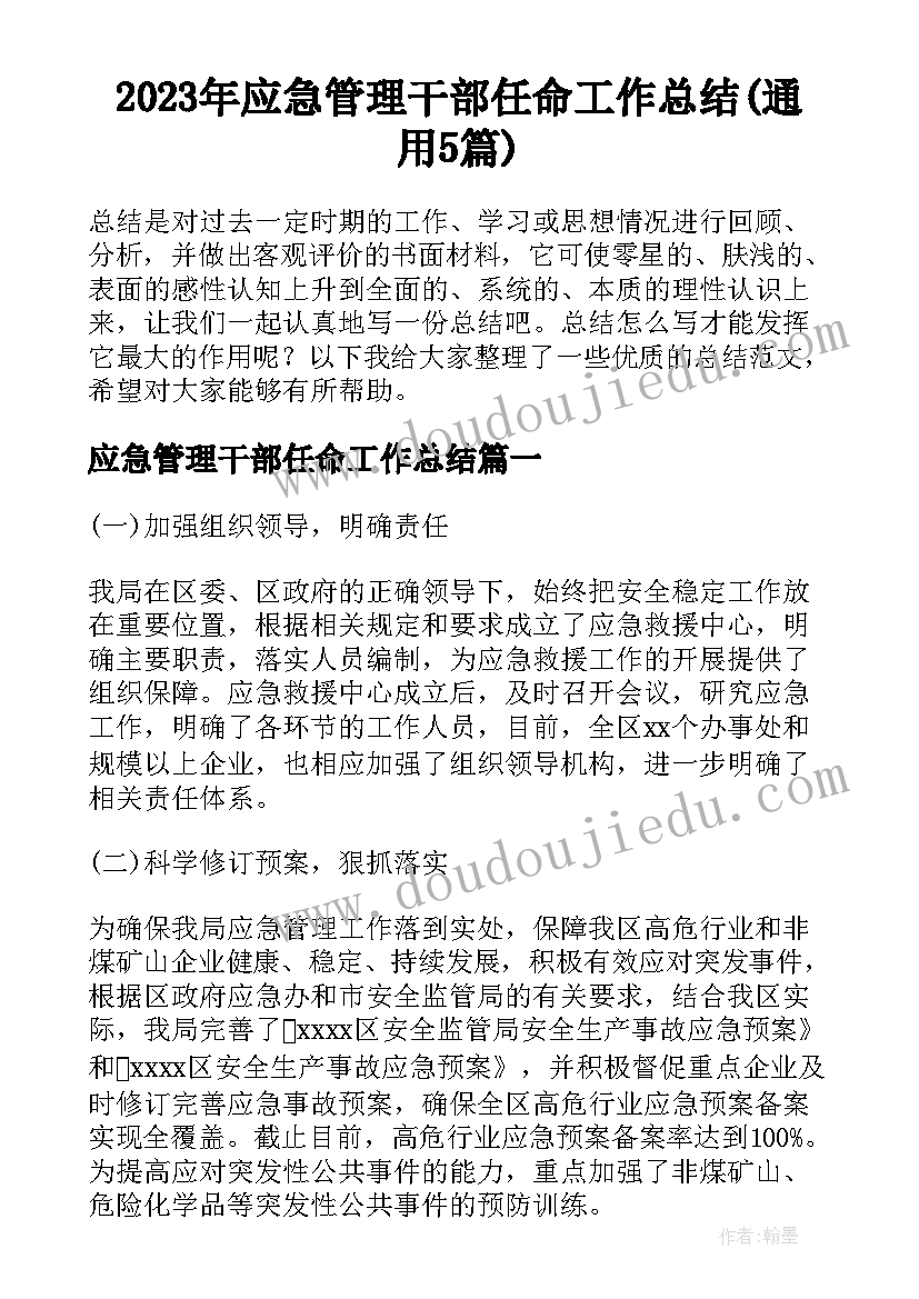 2023年应急管理干部任命工作总结(通用5篇)