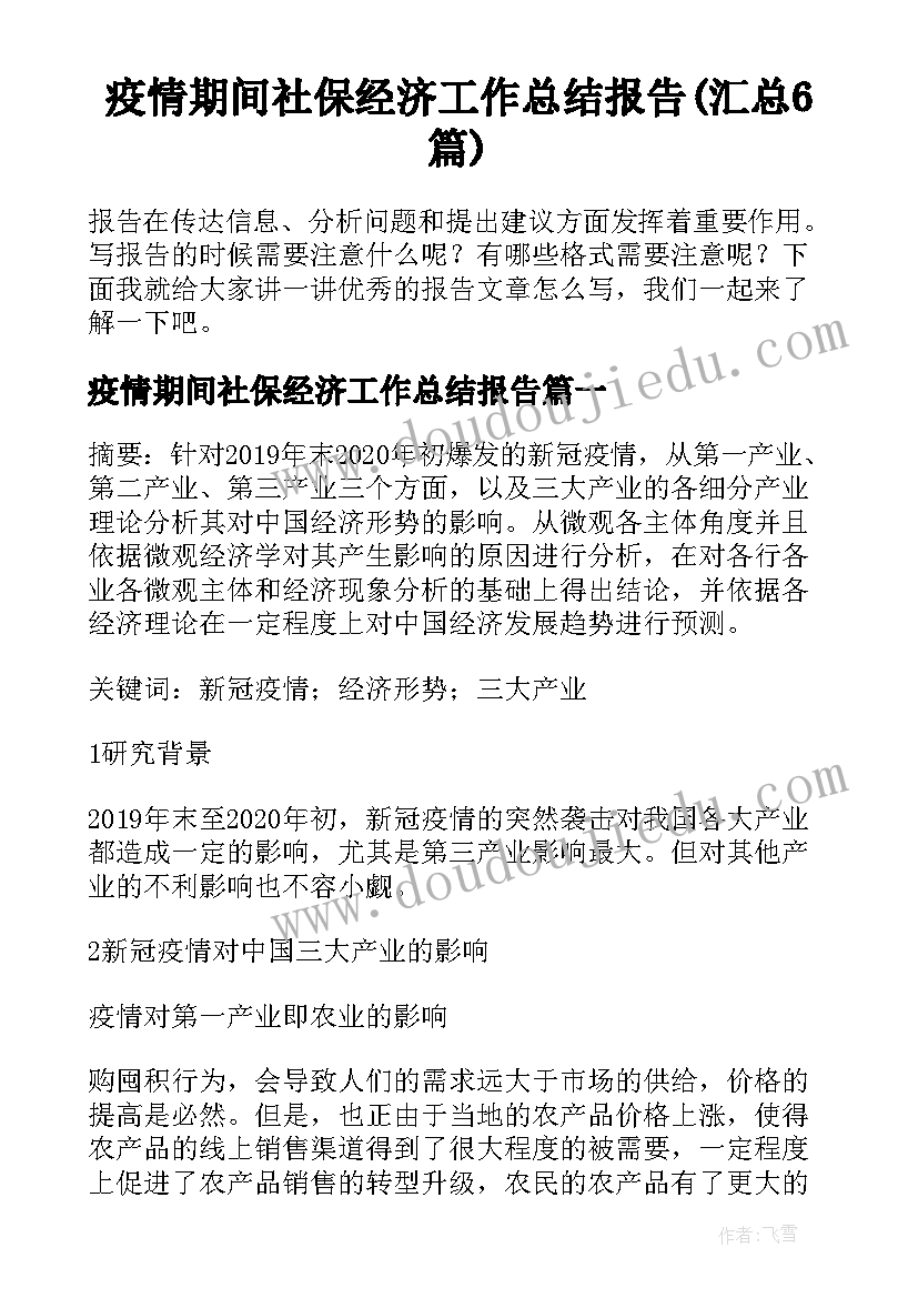 疫情期间社保经济工作总结报告(汇总6篇)