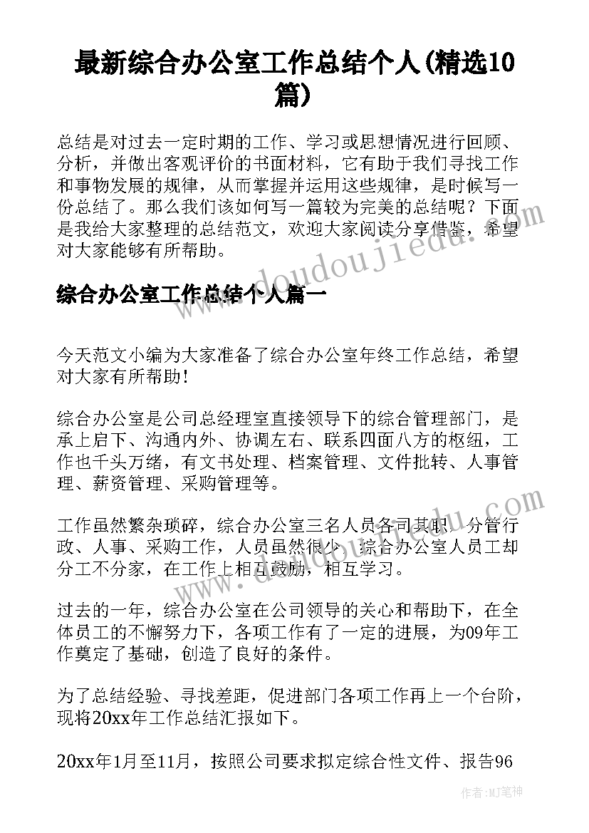 最新综合办公室工作总结个人(精选10篇)