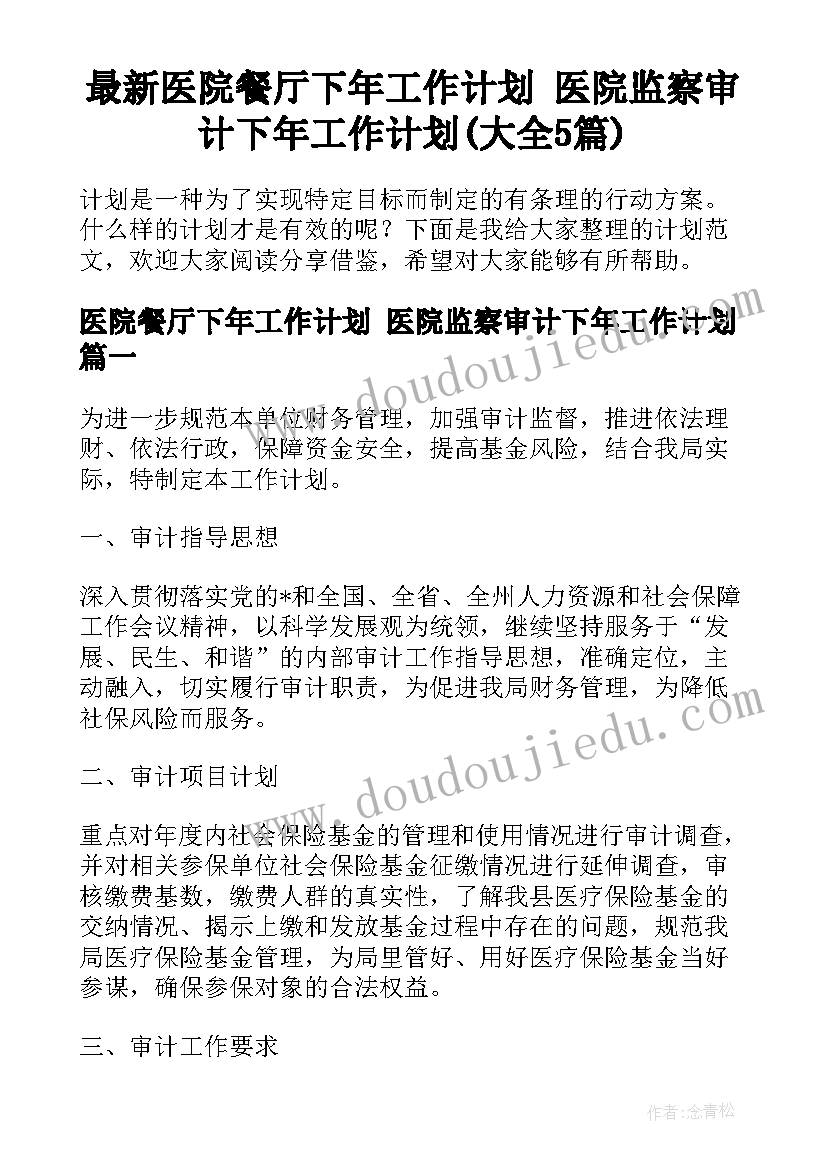 最新医院餐厅下年工作计划 医院监察审计下年工作计划(大全5篇)