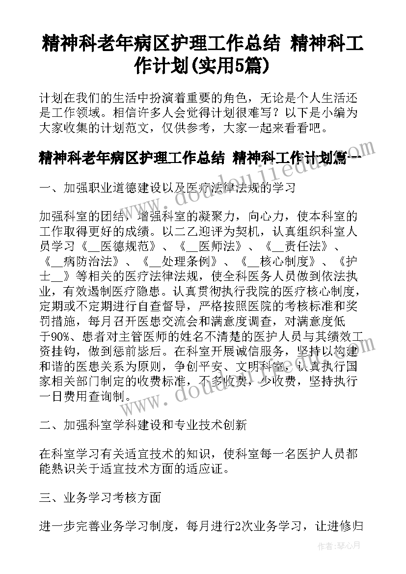 精神科老年病区护理工作总结 精神科工作计划(实用5篇)