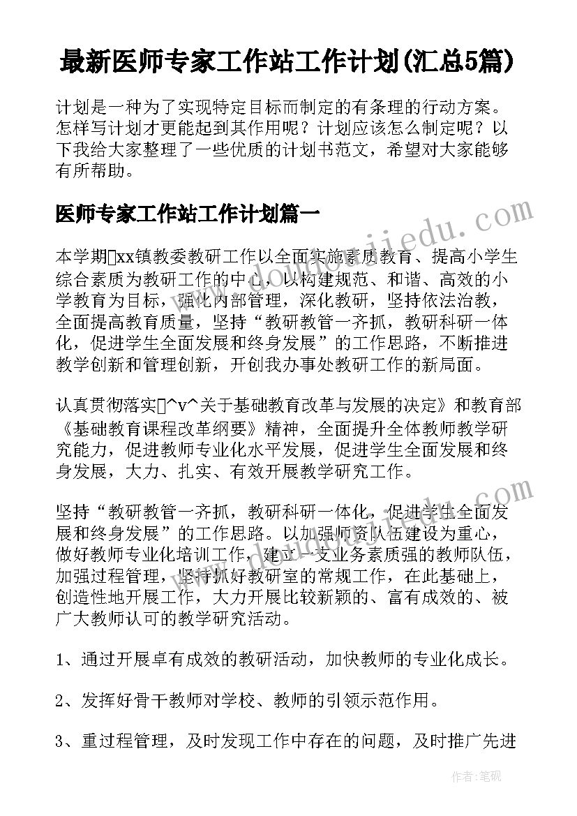 最新医师专家工作站工作计划(汇总5篇)