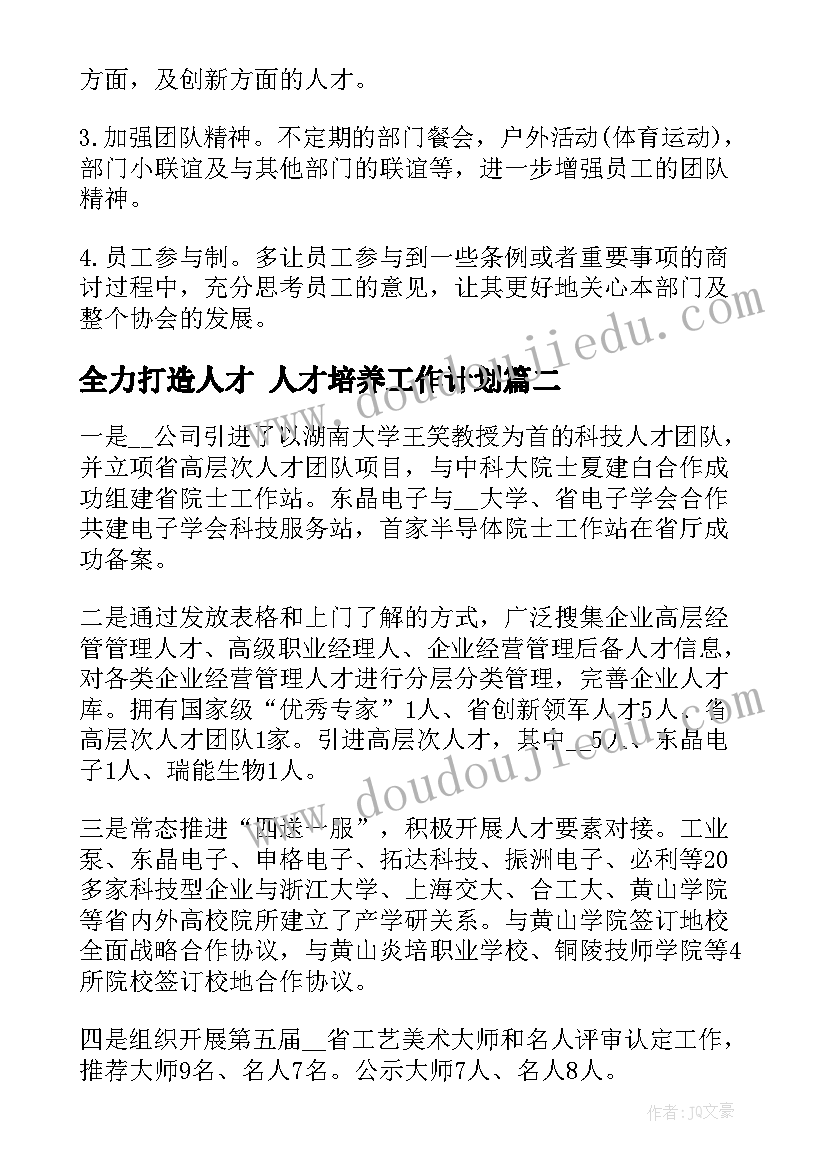 全力打造人才 人才培养工作计划(优质9篇)