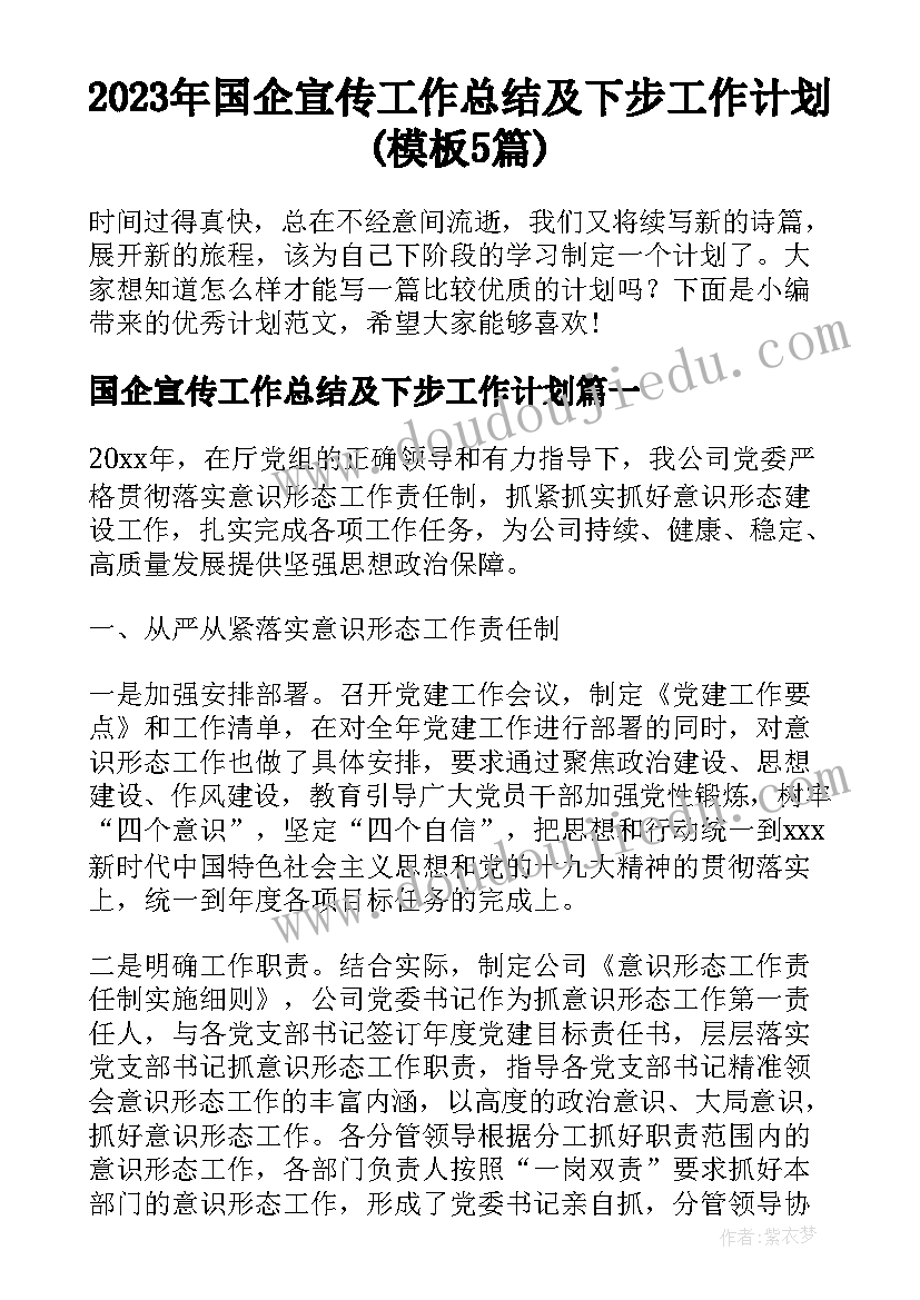 2023年国企宣传工作总结及下步工作计划(模板5篇)