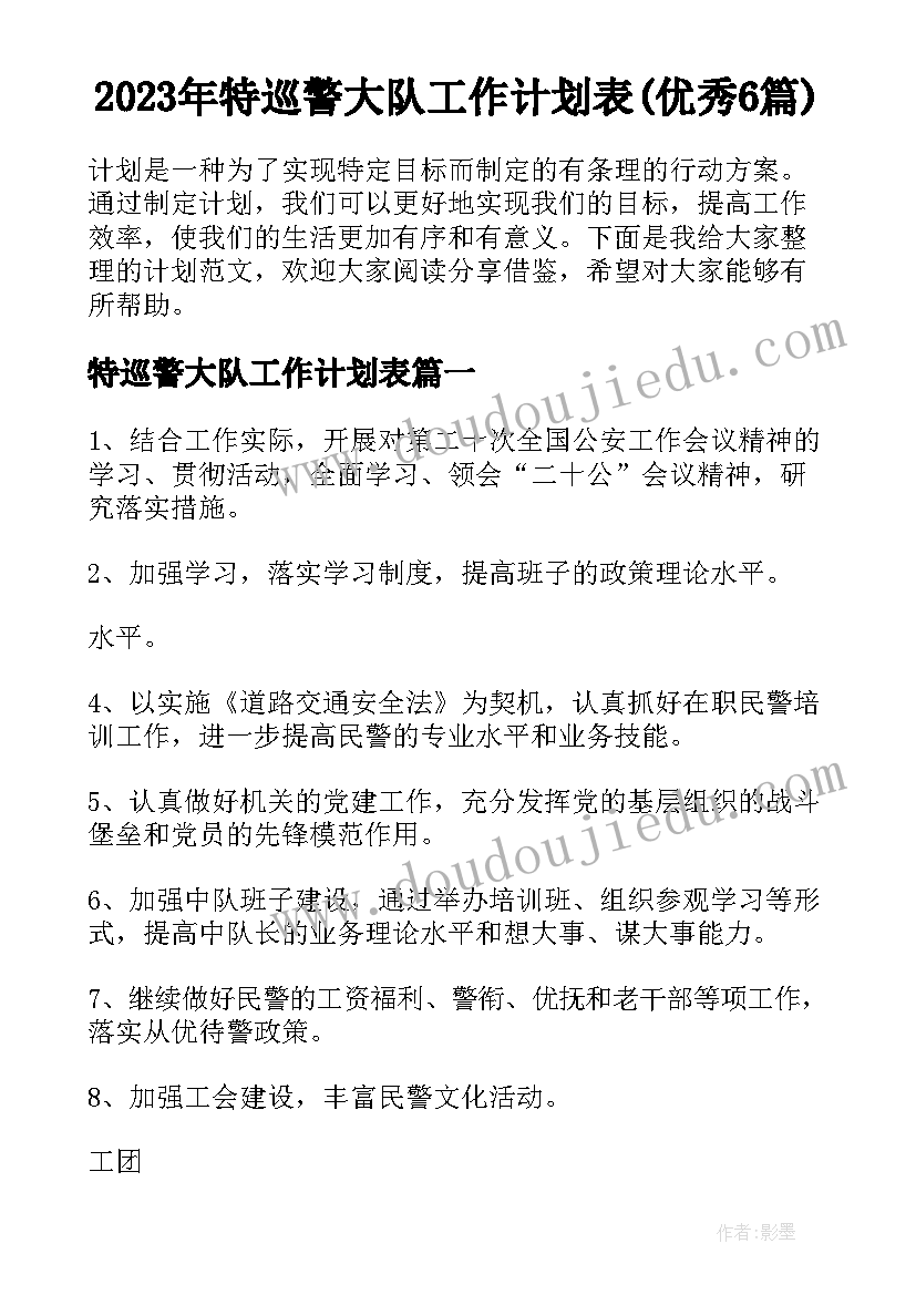 2023年特巡警大队工作计划表(优秀6篇)