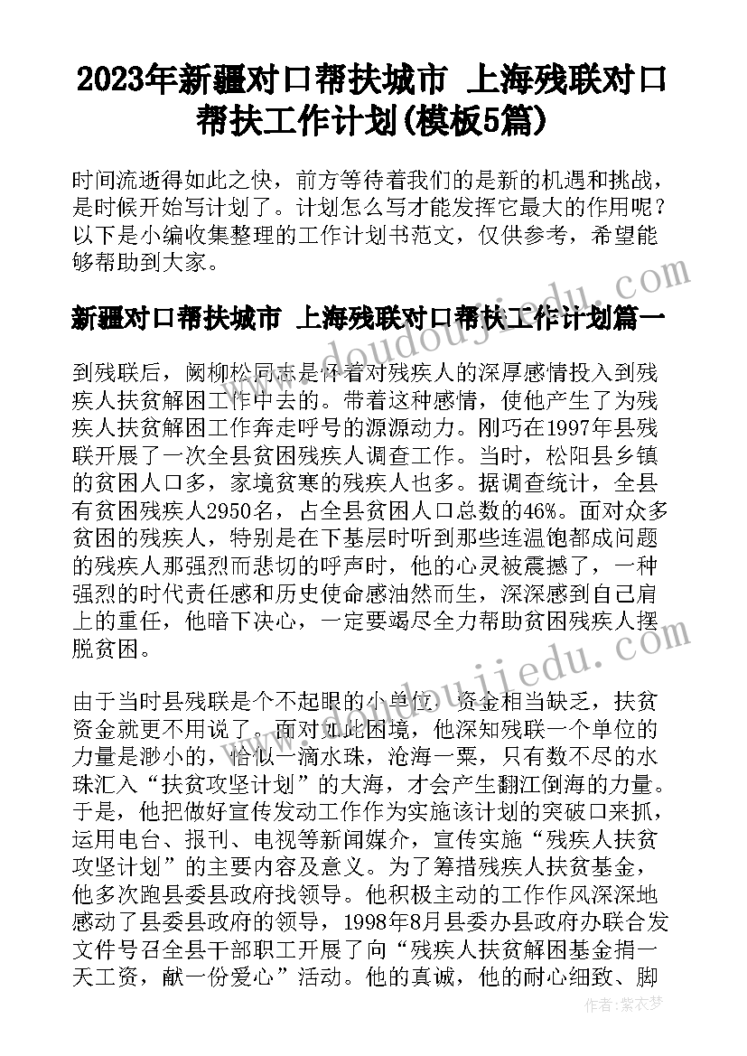 2023年新疆对口帮扶城市 上海残联对口帮扶工作计划(模板5篇)