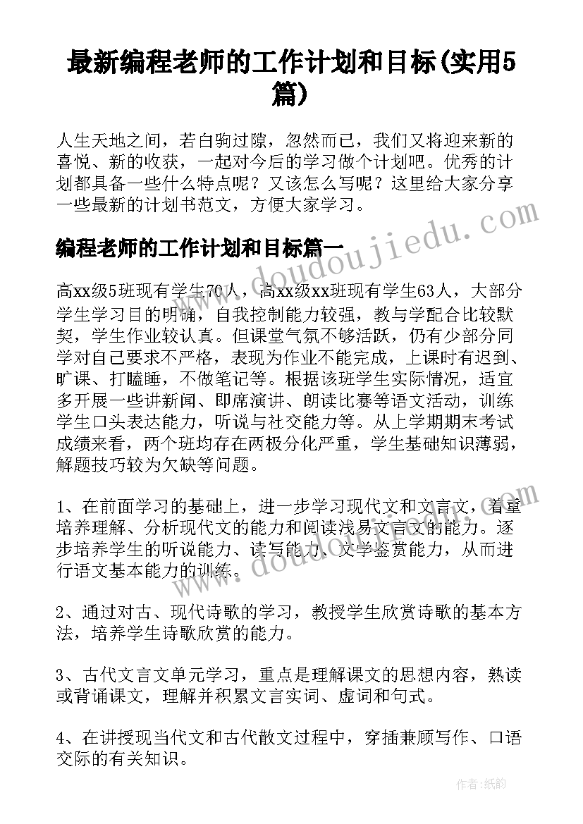 最新编程老师的工作计划和目标(实用5篇)