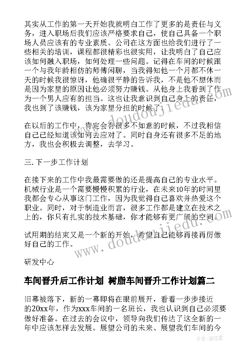 最新车间晋升后工作计划 树脂车间晋升工作计划(通用5篇)