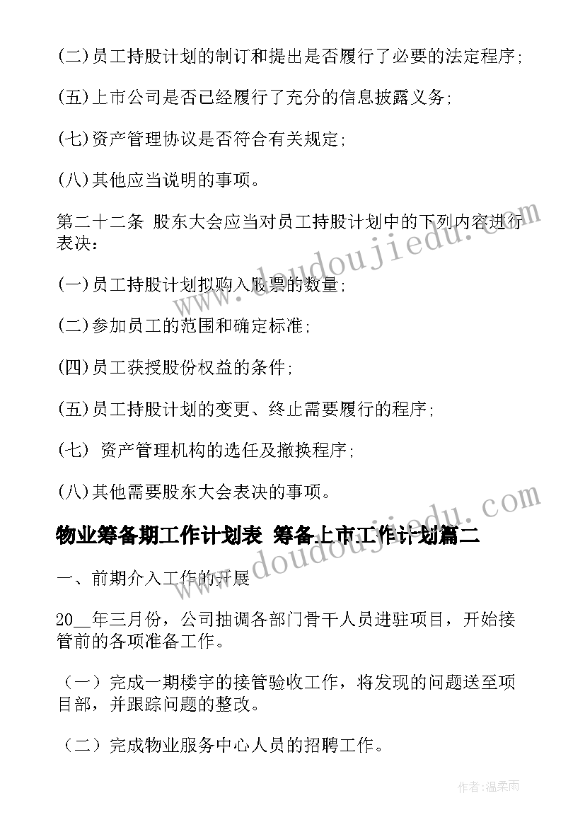 物业筹备期工作计划表 筹备上市工作计划(汇总8篇)