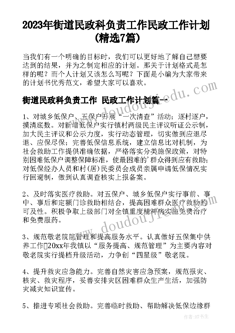 2023年街道民政科负责工作 民政工作计划(精选7篇)