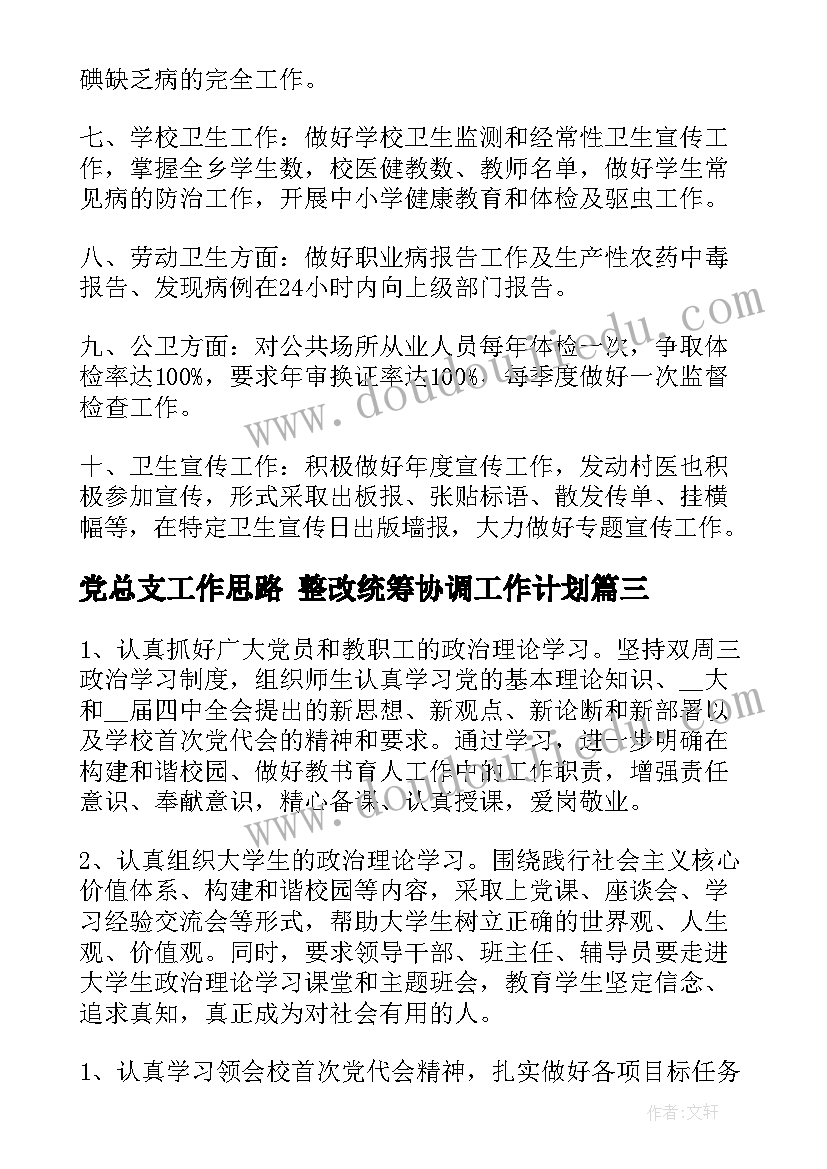 2023年党总支工作思路 整改统筹协调工作计划(优质5篇)