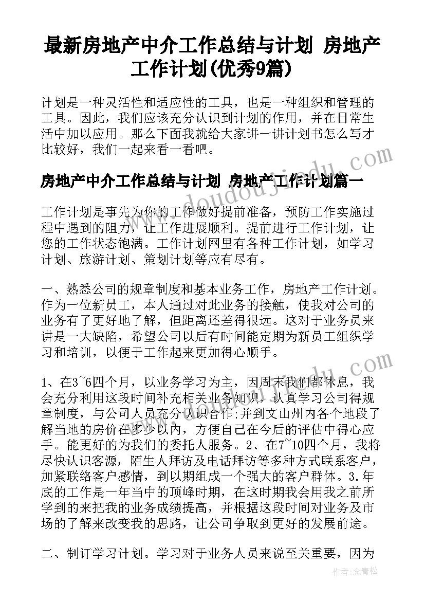 最新房地产中介工作总结与计划 房地产工作计划(优秀9篇)