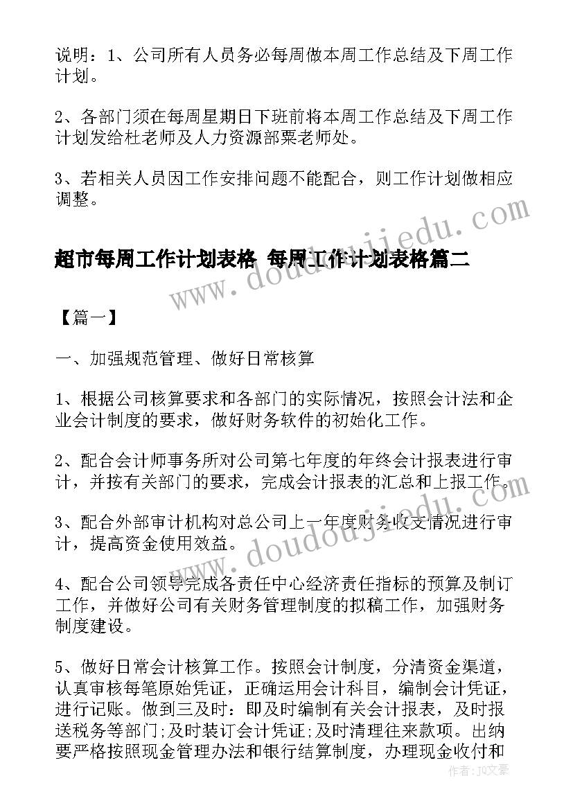 2023年超市每周工作计划表格 每周工作计划表格(优秀5篇)