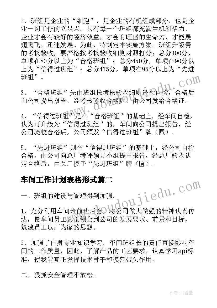 最新车间工作计划表格形式(通用10篇)