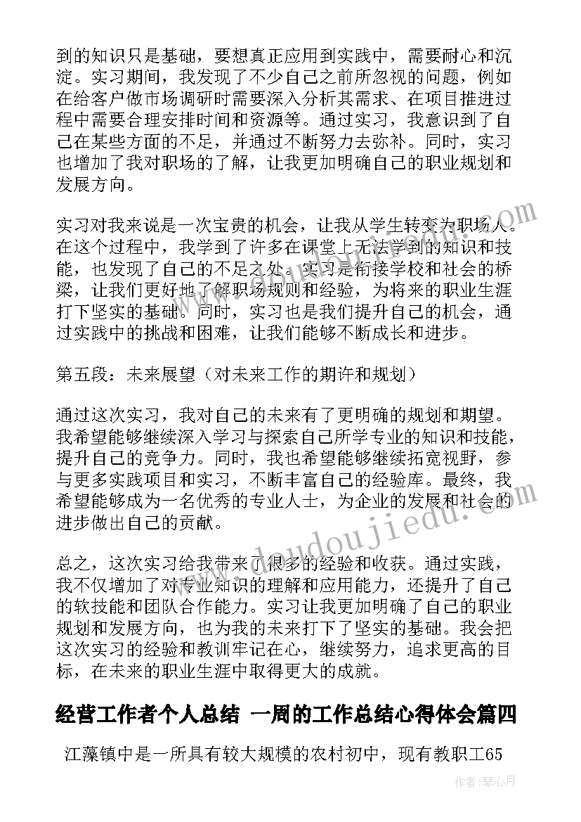 最新经营工作者个人总结 一周的工作总结心得体会(优质6篇)