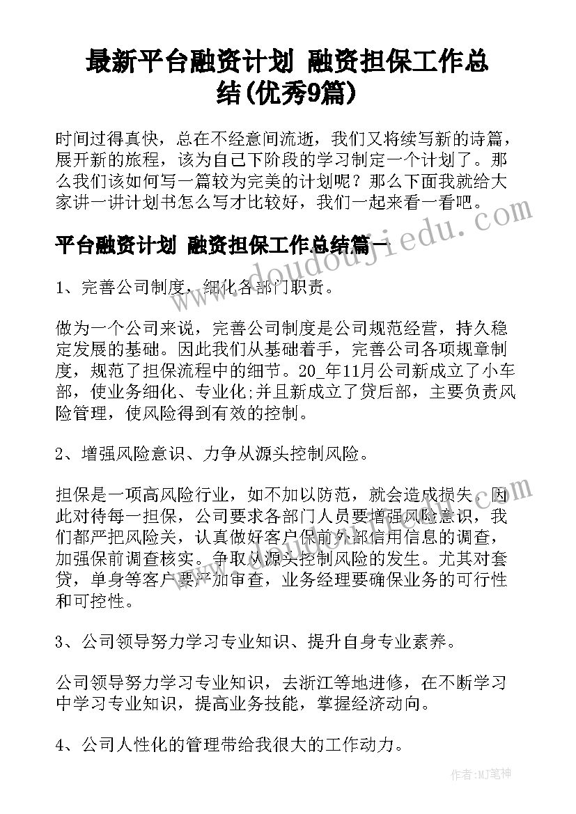 最新平台融资计划 融资担保工作总结(优秀9篇)