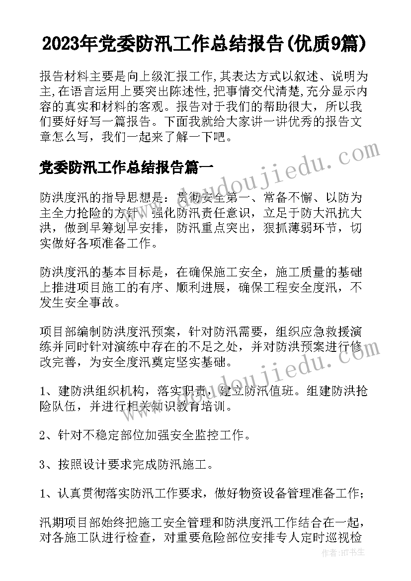 2023年党委防汛工作总结报告(优质9篇)