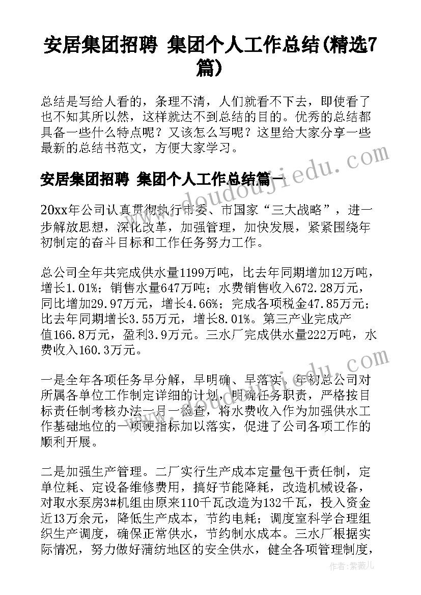 安居集团招聘 集团个人工作总结(精选7篇)