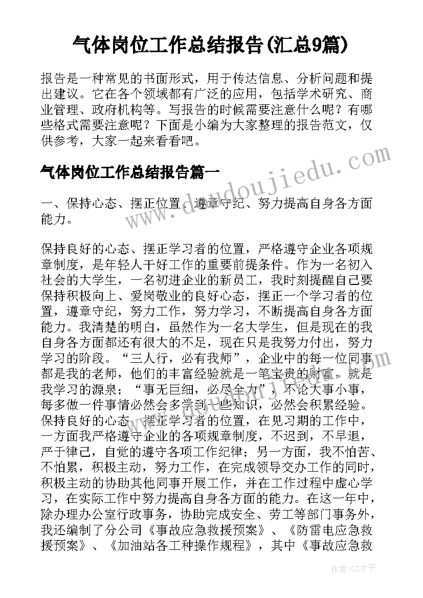 气体岗位工作总结报告(汇总9篇)