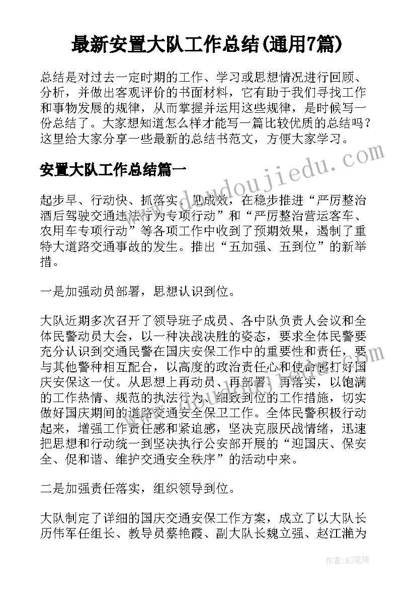 最新安置大队工作总结(通用7篇)