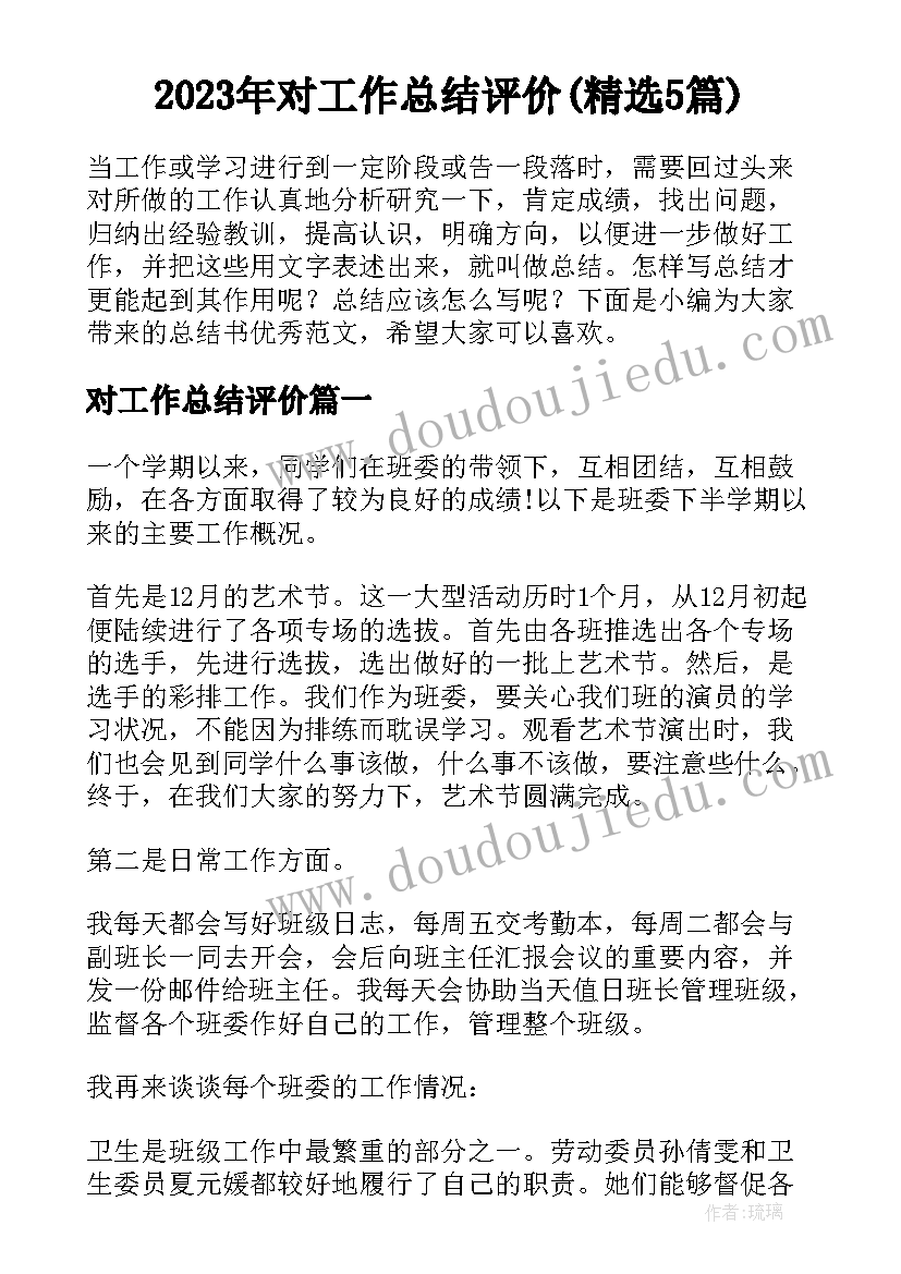 2023年对工作总结评价(精选5篇)