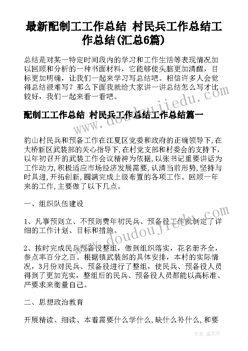 最新配制工工作总结 村民兵工作总结工作总结(汇总6篇)