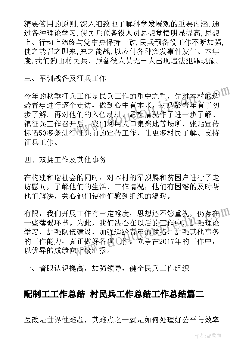 最新配制工工作总结 村民兵工作总结工作总结(汇总6篇)