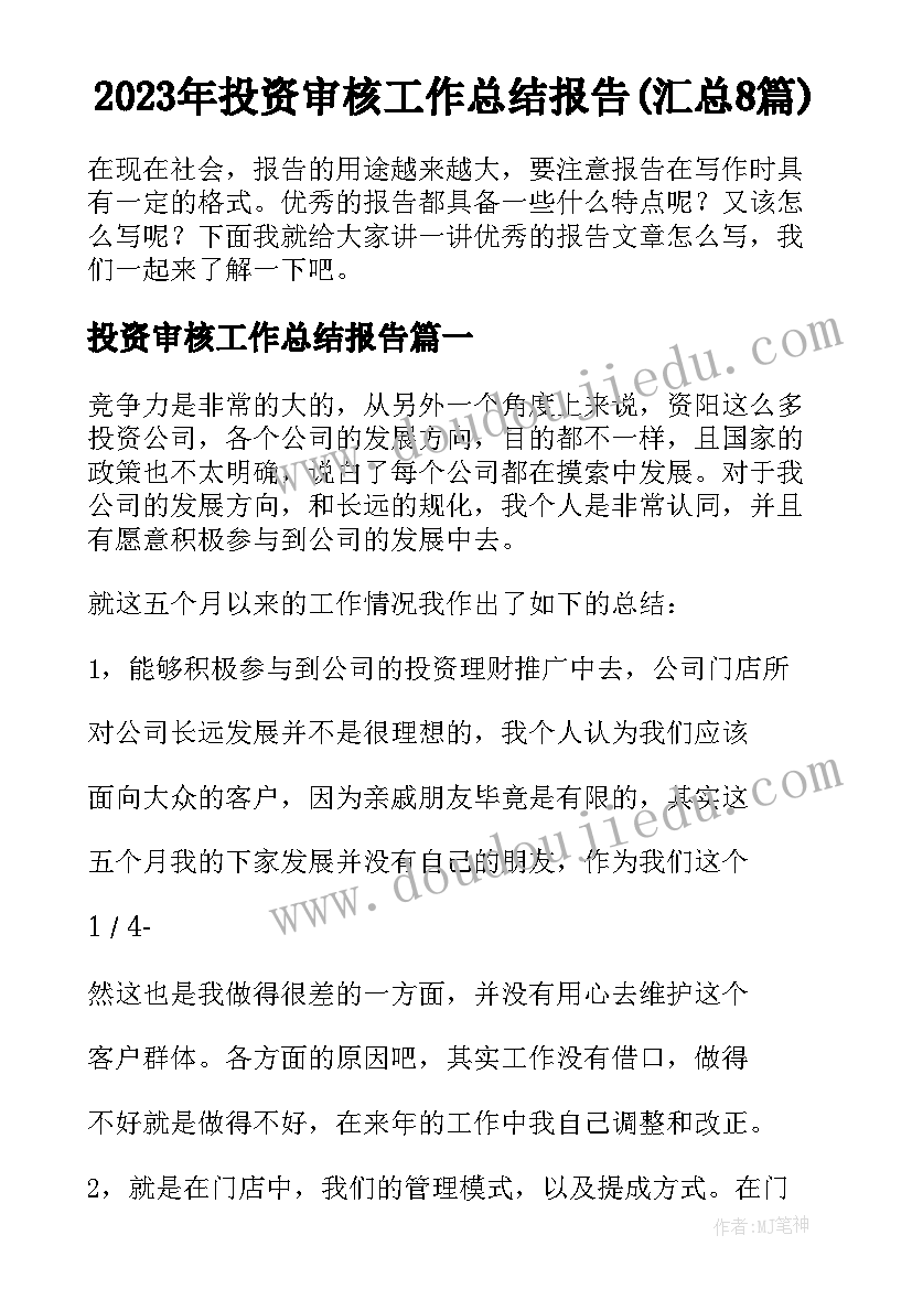 2023年投资审核工作总结报告(汇总8篇)