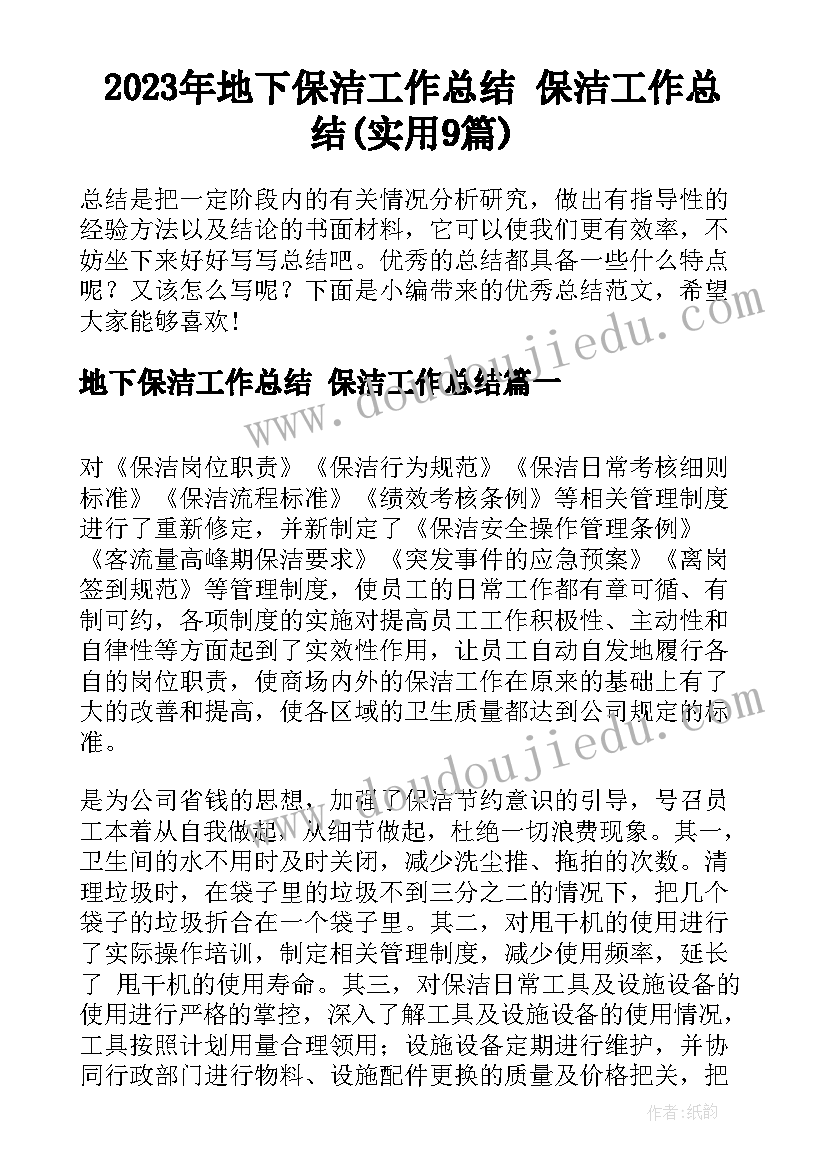 2023年地下保洁工作总结 保洁工作总结(实用9篇)