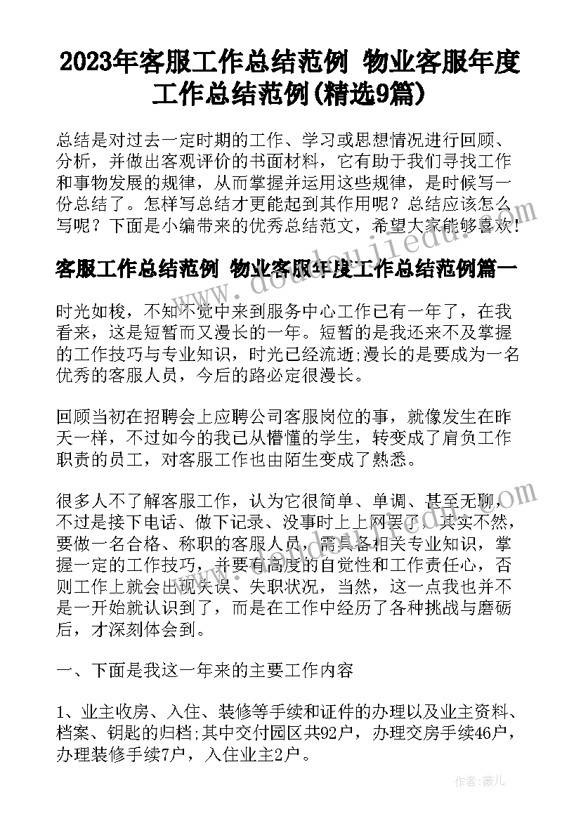 2023年客服工作总结范例 物业客服年度工作总结范例(精选9篇)