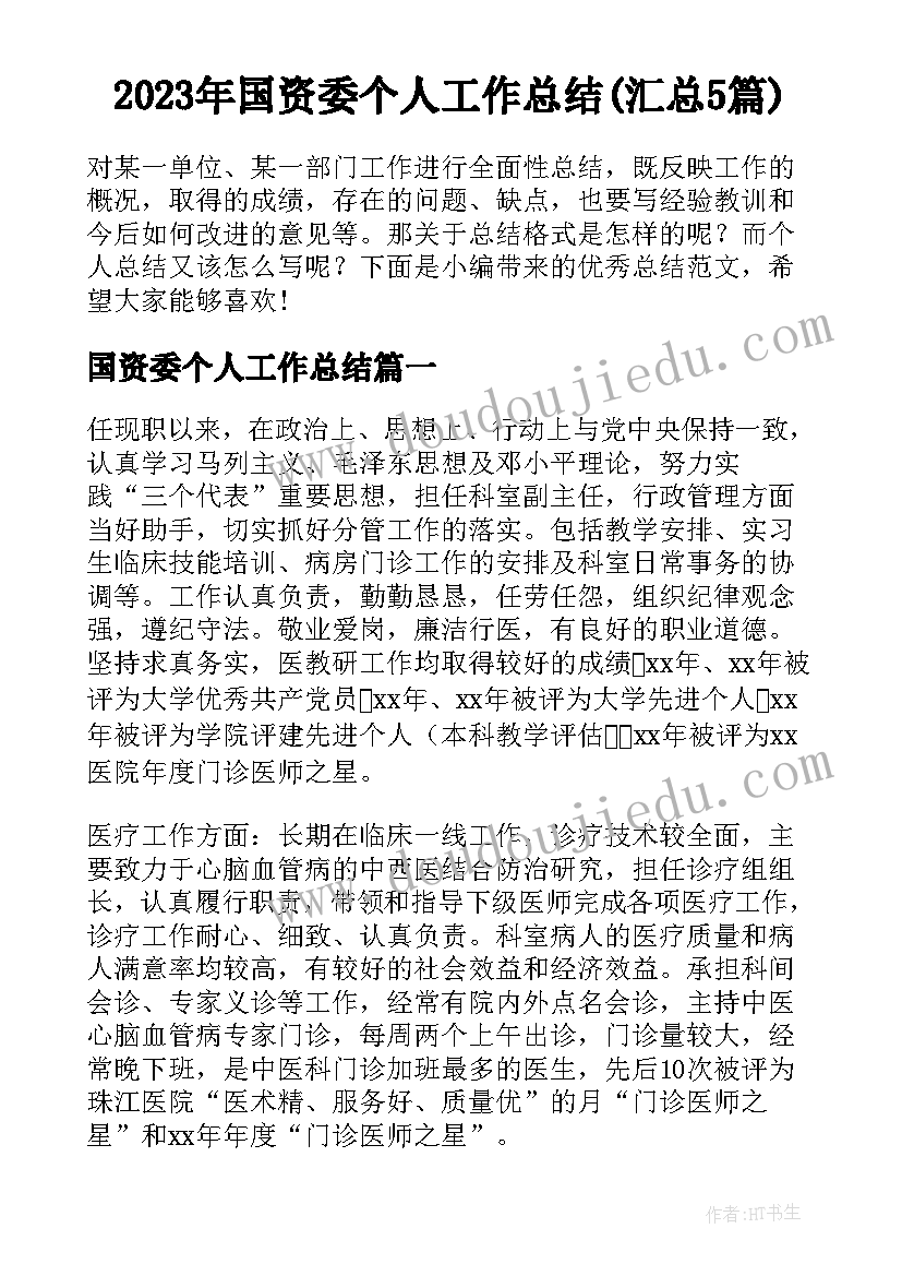 2023年国资委个人工作总结(汇总5篇)