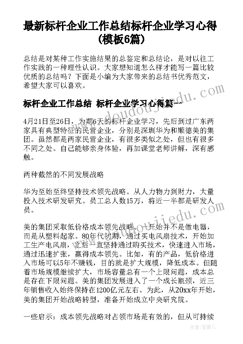 最新标杆企业工作总结 标杆企业学习心得(模板6篇)